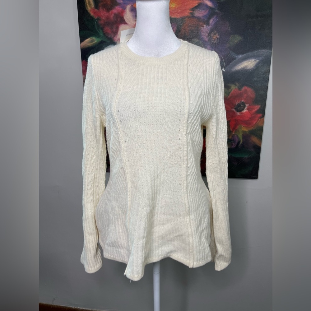 Ann Taylor NWT Ivory Pointelle Peplum Wool Pullover Sweater Sz M Bell Sleeves